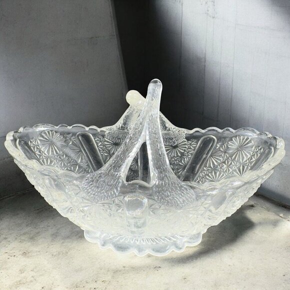 Fenton Glass Clear Daisy Button Basket Split Twig Handle Manganese 365nm Glow UV - Picture 3 of 15